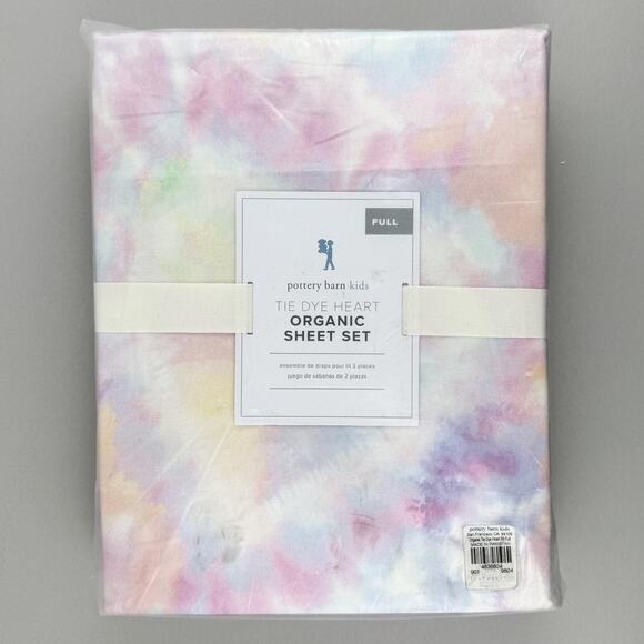 Pottery Barn Kids Organic Sheet Set FULL Tie Dye Heart Pastel Multicolor Bedding - Picture 1 of 5